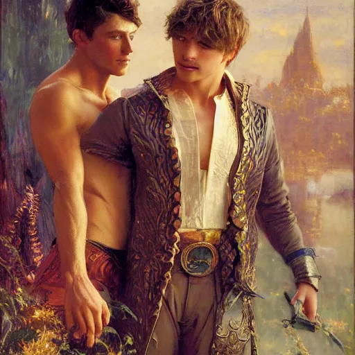 Prompt: attractive arthur pendragon confesses his love to attractive male merlin. highly detailed painting by gaston bussiere, craig mullins, j. c. leyendecker 8 k