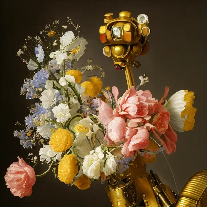 Image similar to still life painting of a beautiful bouquet of flowers coming out of a bipedal robot head by pieter claesz, oil on canvas, strong lighting, highly detailed, hyper realism, golden hour, god rays, hd, 4 k