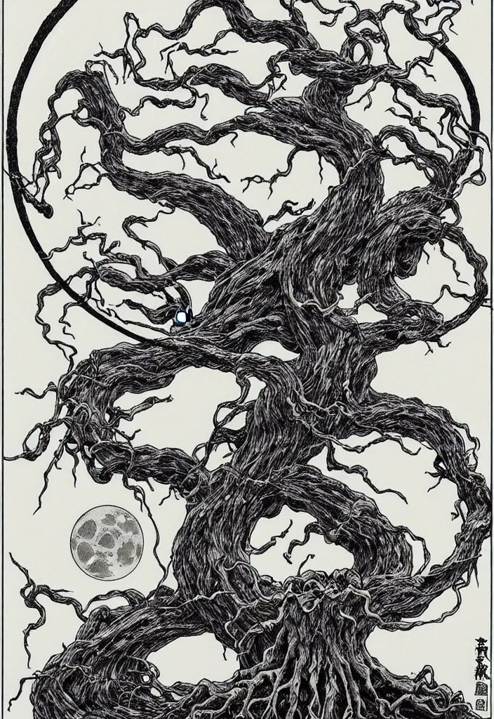 Prompt: prompt: magical white skeleton Bonsai tree squid creature roots merging into big moon drawn by Takato Yamamoto, alchemical objects inspired by 1980's sci-ci, clean ink detailed line drawing, intricate detail, manga 1980