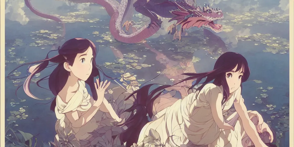 Image similar to the girl and the magic dragon. anime visual, early in the morning. by hayao miyazaki and rossdraws and artgerm and greg rutkowski and alphonse mucha. anime production by studio ghibli. high quality, stunning, intricate detailed environment. 8 k