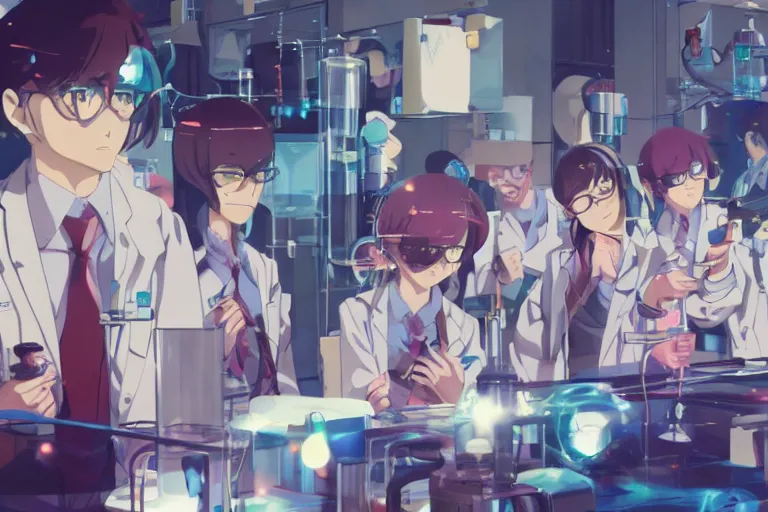 Image similar to anime still of reckless!!! whimsical! trippy scientists in a lab inventing, presentation, scattered tables overloaded with doomsday devices and beakers and test tubes, by makoto shinkai yoshinari yoh ilya kuvshinov