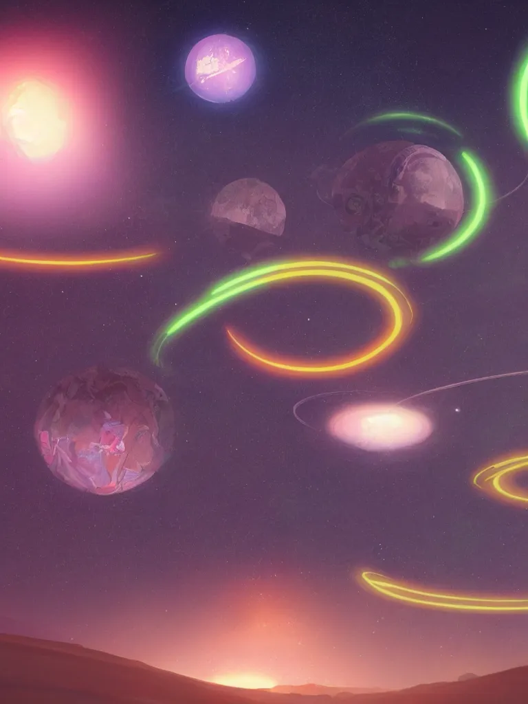 Image similar to glowing neon planets in the night sky by disney concept artists, blunt borders, rule of thirds