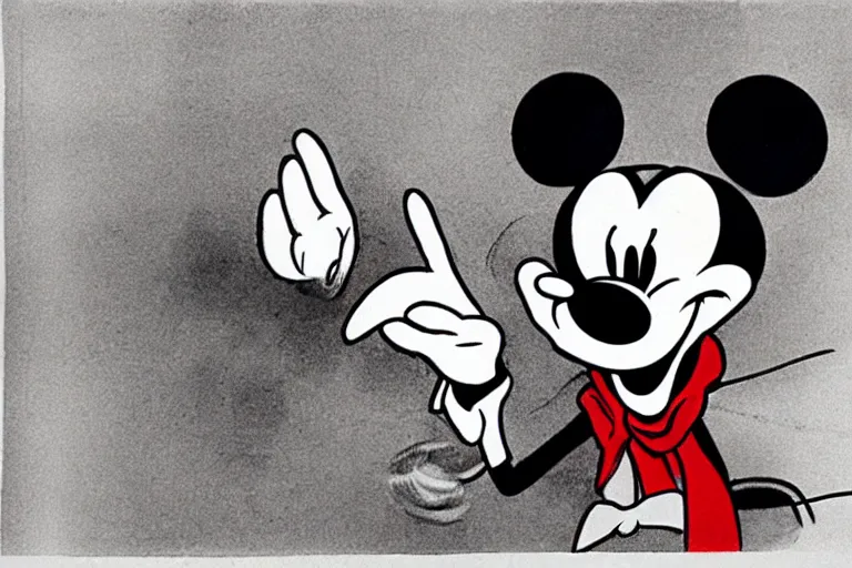Prompt: courtroom sketch of vintage disney character mickey mouse presenting evidence of copyright infringement before the judge serious dark tone