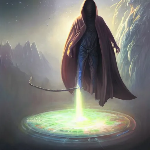 Image similar to male rogue wearing a cloak on an alien world and holding a holographic planet projection in his hand, covered face, detailed, sci - fi, digital painting, artstation, sharp focus, illustration, artgerm, tomasz alen kopera, peter mohrbacher, donato giancola, joseph christian leyendecker, wlop, frank frazetta