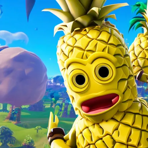 Image similar to anthropomorphic pineapple filled with beans, the bean - filled anthropomorphic pineapple is playing the video game fortnite, beans