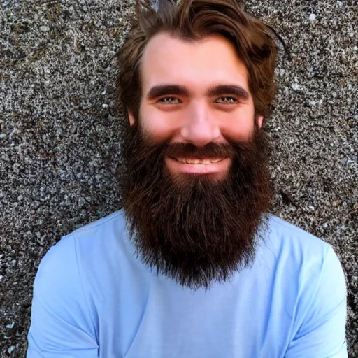 Prompt: caucasian face, long brown hair, bad skin, beard, skinny, blue eyes, smiling, ultrarealistic