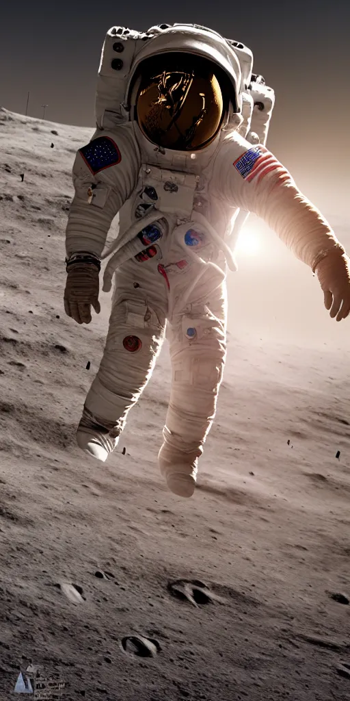 Image similar to concept art, an american astronaut landing on the moon, backlight, f 3 2, high detail, octane rendering, unreal engine.