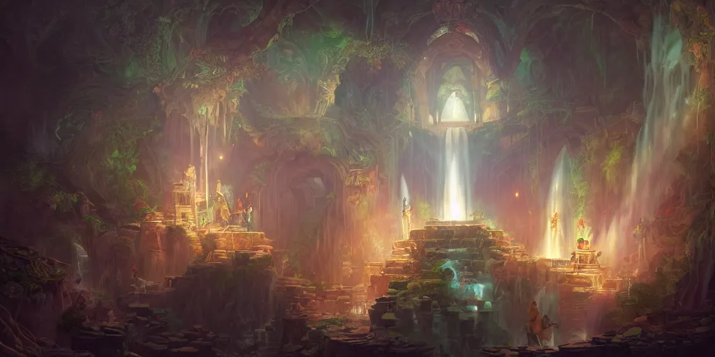 Image similar to Detailed Interior of Temple Ruins, Waterfall walls, light of god, bloom light shafts, incense, stunning atmosphere, in Style of Peter Mohrbacher, cinematic lighting