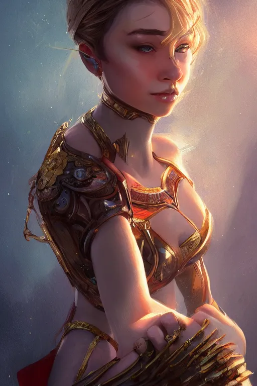 Image similar to three quarters portrait pose of a beautiful woman,super heroine costume,super powers, fantasy, intricate, elegant, highly detailed, digital painting, artstation, concept art,shining, sharp focus, illustration, art by Stanley Lau