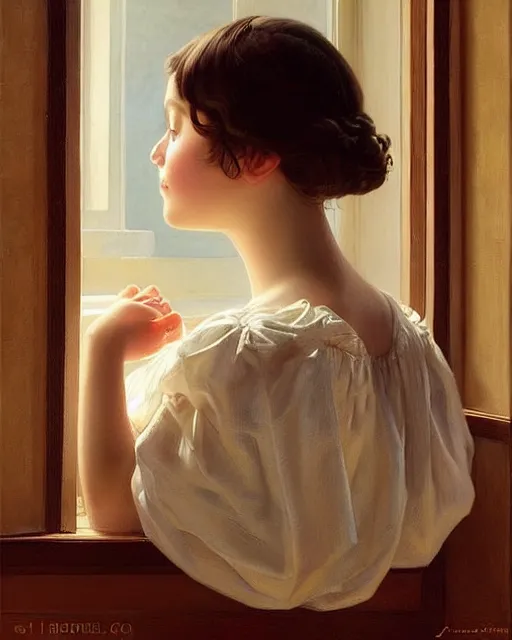 Image similar to a girl watching through a window, oil on canvas, artstation, by j. c. leyendecker and edmund blair leighton and charlie bowater, beautiful face, octane, very aesthetic!!!!!!!!!!!!!!!