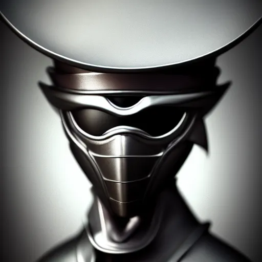 Prompt: 3 d octane rendering, chrome statue of ninja wearing full face mask and hunter hat, vfx art, smooth, pinterest, unreal engine, behance, technological, octane render, all chrome