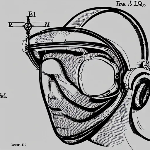 Image similar to a patent drawing of an intricate detailed vr headset from the future in the shape of a medieval knight helmet, extremely detailed alien technology vr!!! headset, with arrows and side angels