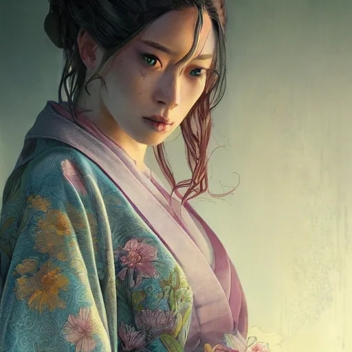 Prompt: lightskin woman in a kimono, lower back, ultra realistic, concept art, intricate details, eerie, horror, highly detailed, photorealistic, octane render, 8 k, unreal engine. art by artgerm and greg rutkowski and alphonse mucha