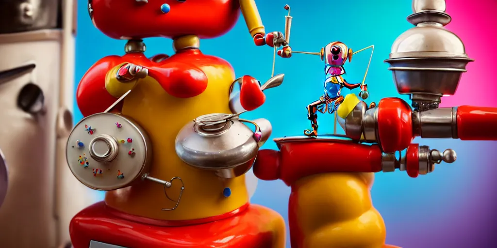 Image similar to closeup portrait of tin toy retro robot chef cooking pastry cake in a kitchen, mixing colourful chemicals flasks, depth of field, zeiss lens, detailed, centered, fashion photoshoot, by nicoletta ceccoli, mark ryden, lostfish, breathtaking, 8 k resolution, extremely detailed, beautiful, establishing shot, artistic, hyperrealistic, octane render