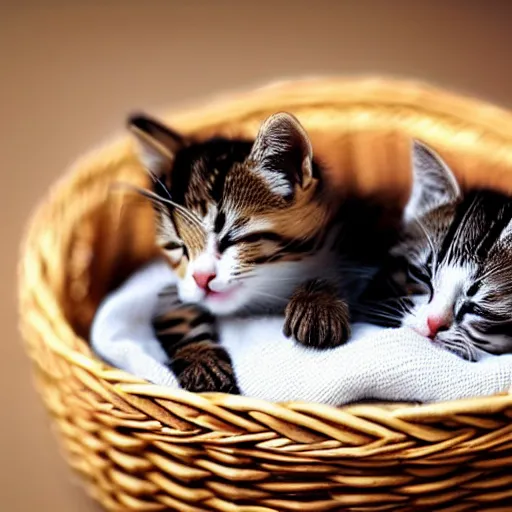 Image similar to two kittens sleeping in a basket, happy, cute