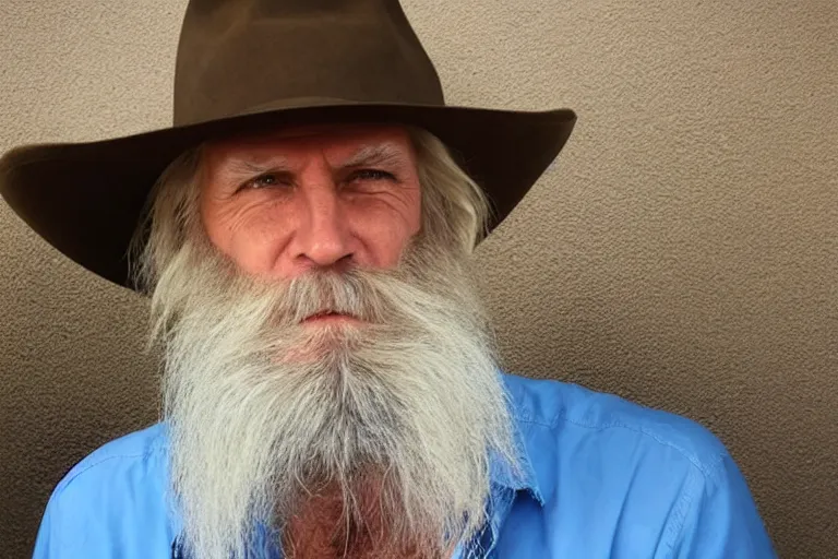 Image similar to a portrait photo of a 35 year old skinny Caucasian man with a large white beard and long white hair wearing a blue shirt looking at the camera, wearing a cowboy hat
