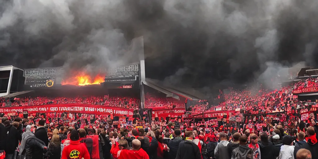 Image similar to old trafford theatre of dreams on fire during protest against the glazers, # glazersout, chaos, protest, banners, placards, burning, dark, ominous, pure evil, by stephen king, wide angle lens, 1 6 - 3 5 mm, symmetry, cinematic lighting