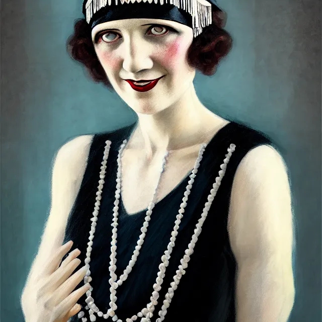 Image similar to a portrait photo of a 1 9 2 0 s woman with a slight smile in a flapper dress, atmospheric lighting, painted, intricate, ultra detailed by leesha hannigan, thierry doizon, kai carpenter, well composed, best on artstation, cgsociety, epic, stunning, gorgeous, intricate detail, wow, masterpiece