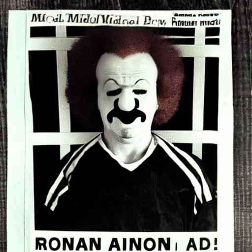 Image similar to ronald mcdonald mugshot in the newspaper, black and white newspaper, headline mugshot image of ronald mcdonald clown, clown mugshot, old fashioned photograph, criminal mugshot