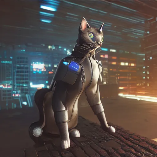 Image similar to cyberpunk cat in suit, final render, unreal engine