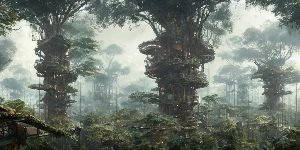 Image similar to a vast treehouse city built in an ancient forest, greg rutkowski, 8 k, shallow depth of field, intricate detail, concept art,