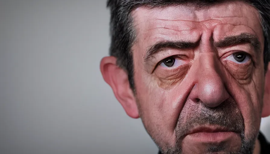 Image similar to hyper-realistic and anamorphic 2010s movie still close-up portrait of Jean-Luc Mélenchon, by Irving Penn, Leica SL2 50mm, beautiful color, high quality, high textured, detailed face