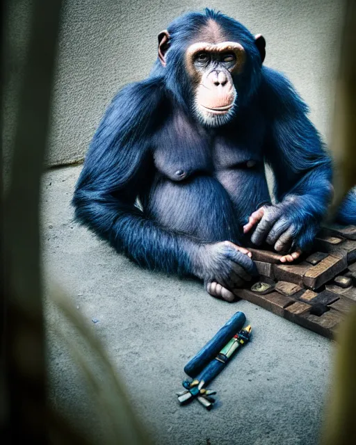 Prompt: gold, blue, photo of a chimpanzee as indiana jones solving a puzzle, big cigarre in mouth, 8 k, 8 5 mm f 1. 8