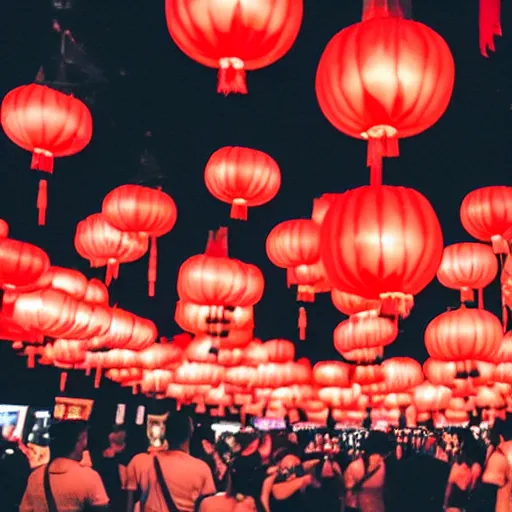 Image similar to a tiny dark black night club with five red chinese lanterns, people's silhouettes close up, wearing white t - shirts that glow in the dark, minimalism,