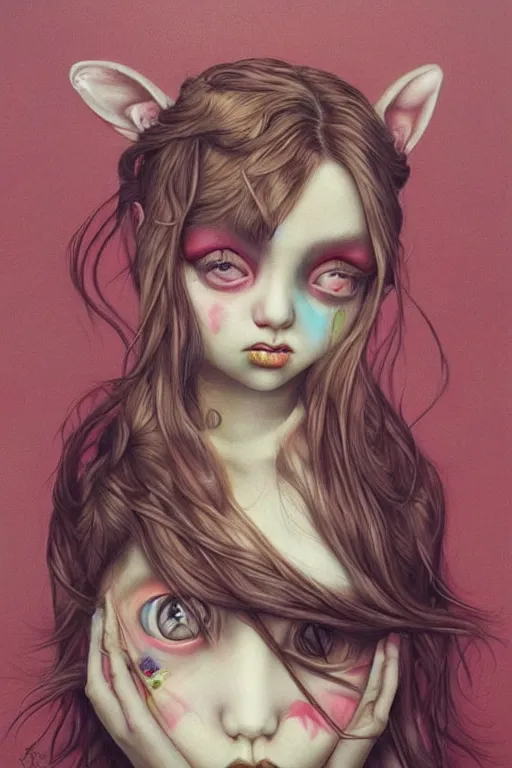 Prompt: pop surrealism, lowbrow art, realistic cute girl painting, japanese street fashion, hyper realism, muted colors, trevor brown style