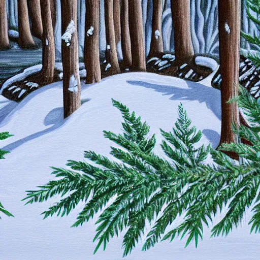 Prompt: Painting of prehistoric shamanic riverside burial site surrounded by snow topped ferns