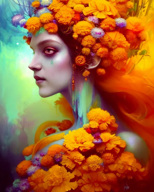 Image similar to Full View Portrait Mystical ethereal marigold deity wearing beautiful dress, marigold Dryad, 4k digital masterpiece by Anna dittman and Ruan Jia and Alberto Seveso, fantasycore, Hyperdetailed, realistic oil on linen, soft lighting, marigold background, featured on Artstation