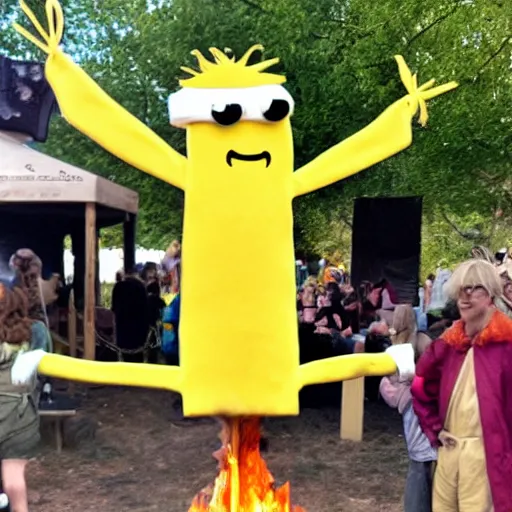 Image similar to lemongrab from adventure time being burned at the stake at a renaissance fair