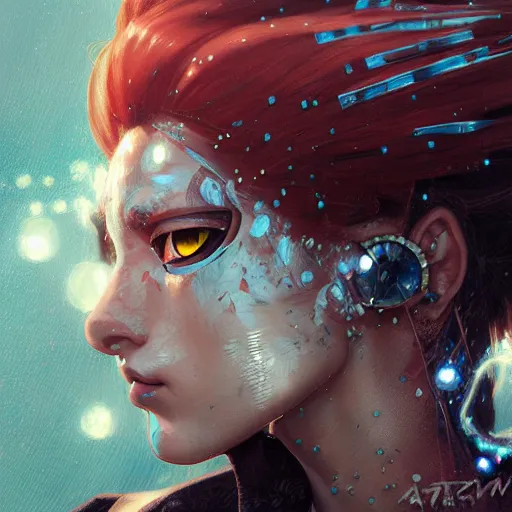 Image similar to painting of an anime punk cyborg woman, water particles floating in the air, finely detailed facial features, weathered drawing, film grain, painted art by tsuyoshi nagano, greg rutkowski, artgerm, alphonse mucha, spike painting