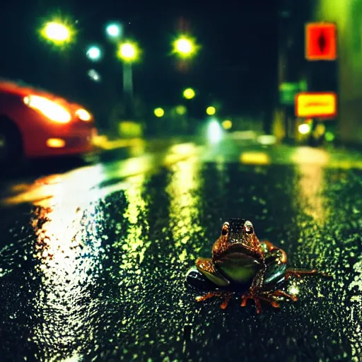 Image similar to photo, night, rain, modern street, light, close up the frog on wet road