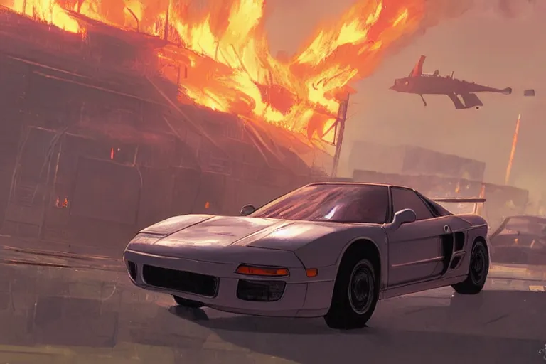 Image similar to 2 0 0 1 space odyssy diesepunk honda nsx mad max speeding through a burning fuel depot chase under fire view from helicopter by greg rutkowski makoto shinkai takashi takeuchi studio ghibli, akihiko yoshida