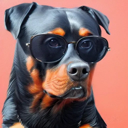 Image similar to rottweiler wearing shades, oil painting, artgerm, portrait, highly detailed, artstation