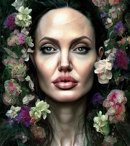 Prompt: portrait of the angelina jolie, surrounded by flowers by karol bak, james jean, tom bagshaw, rococo, symmetrical eyes, trending on artstation, cinematic lighting, hyper realism, octane render, 8 k, hyper detailed.