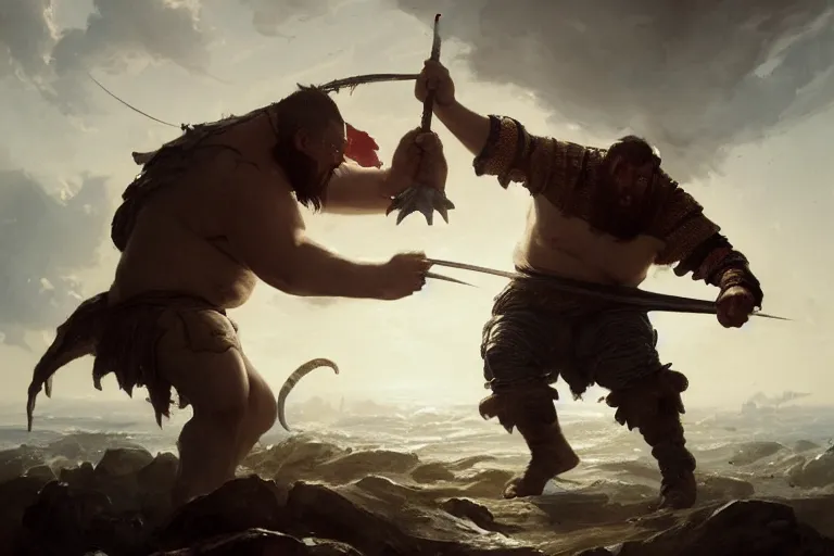 Image similar to a dynamic painting of a medieval man fighting a gigantic white fat monster, obese monstrosity fight by greg rutkowski, realism, ultra detailed, 8 k resolution