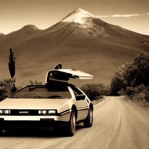 Image similar to a monochromatic sepia photograph of a delorean traveling with pioneers on the oregon trail, trending on art station,