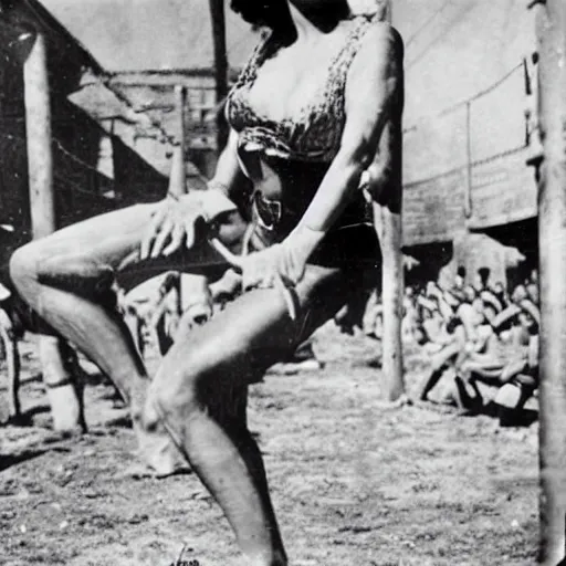 Prompt: shantae dancing in prison camp, wwii, exotic dancer, full color photo