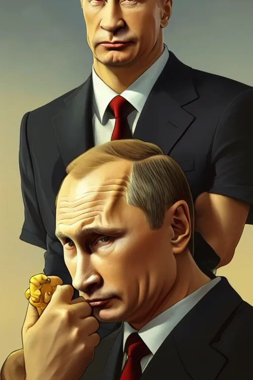 Image similar to vladimir putin as the simpsons character, realistic portrait, symmetrical, highly detailed, digital painting, artstation, concept art, smooth, sharp focus, illustration, cinematic lighting, art by artgerm and greg rutkowski and alphonse mucha