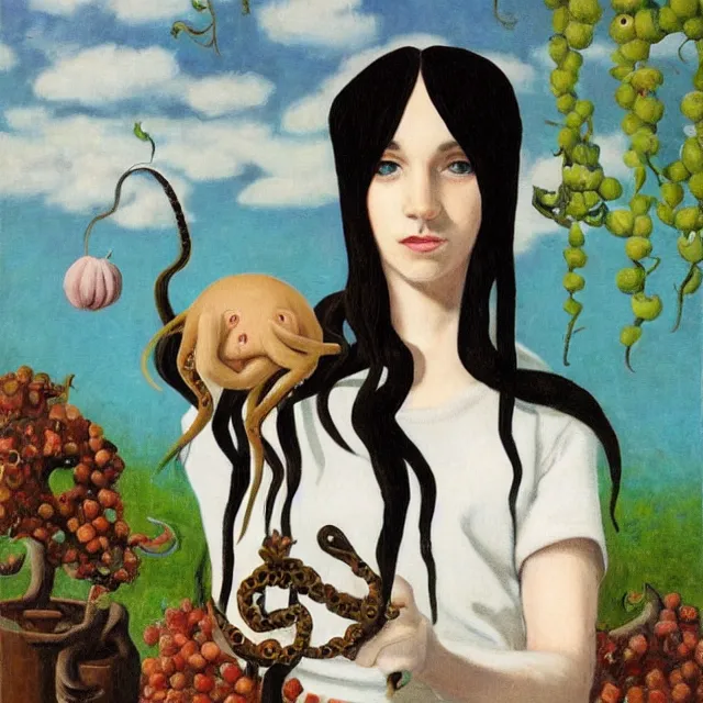 Prompt: tall emo catgirl artist holding an octopus, in a library, books, small portraits, gourds, berries, vines, pigs, xylophone, acrylic on canvas, surrealist, by magritte and monet