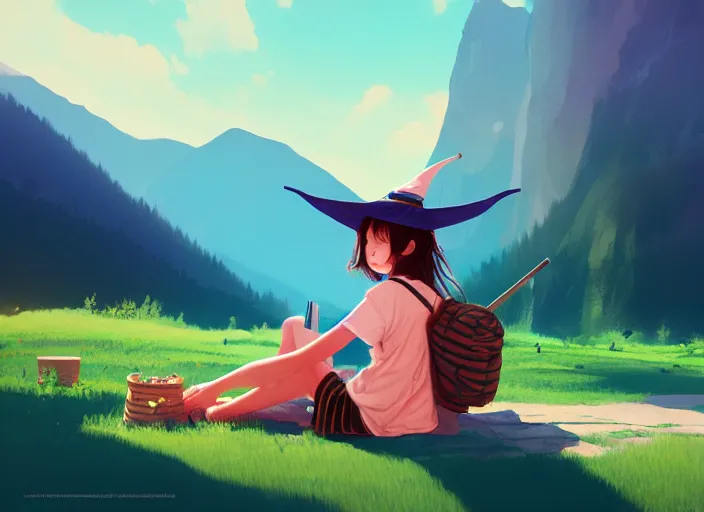 Prompt: young student witch on a summer roadtrip through the mountains, by hong soonsang, concept art, digital art, trending on artstation, pixiv, illustration