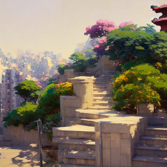 Prompt: painting of a stone railing urban japanese city in the background, calm, sunny day, artwork by jeremy lipkin and giuseppe dangelico pino and michael garmash and rob rey and greg manchess and huang guangjian and makoto shinkai, sharp edges, simple form, 1 0 0 mm