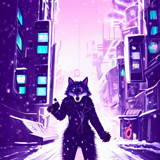 Image similar to beautiful furry art portrait commission of a furry anthro wolf fursona wearing punk clothes in the streets of a cyberpunk city at night in the snow. neon signs. character design by charlie bowater, ross tran, rick griffin, miles df, detailed, inked, western comic book art