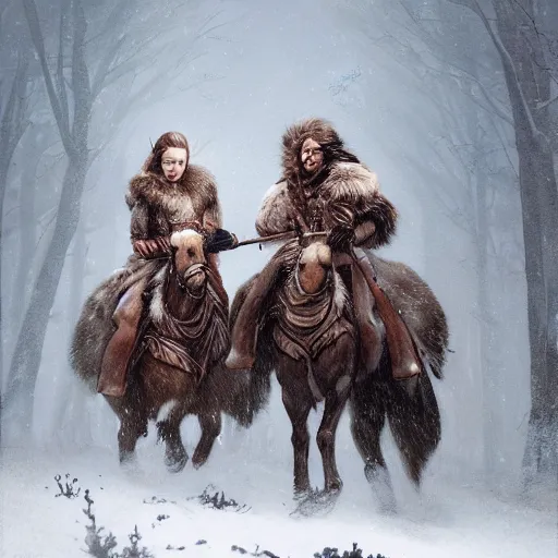 Image similar to Two Nordic warriors wearing fur clothes on horseback riding through snowy landscapes during a snowstorm, fantasy, highly detailed, digital painting, artstation, concept art, illustration, art by Greg Rutkowski and Marc Simonetti