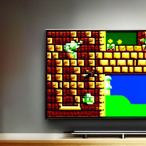 Prompt: “Mario playing Super Mario on a large flat screen TV, digital art, touching, soft shadows, pop art, unreal engine”