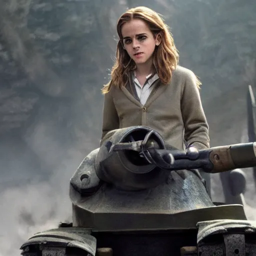 Image similar to Photo of Emma Watson as Hermione Granger using a tank in Hogwarts