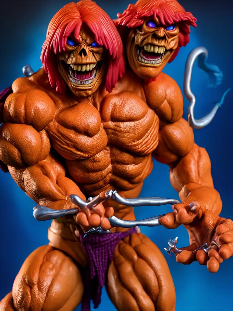 Image similar to hyperrealistic rendering, he - man by art of skinner and richard corben and jeff easley, product photography, action figure, sofubi, studio lighting, colored gels