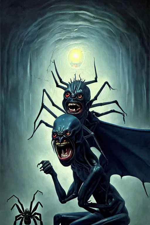 Image similar to hieronymus bosch, greg rutkowski, anna podedworna, painting of a dark blue skinned elf screaming as it transforms into a spider demon